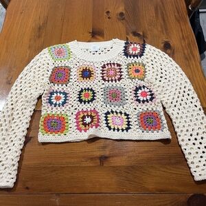 Luna Ivy Womens Granny Crochet Knit Square Crewneck‎ Cropped Sweater Size Medium